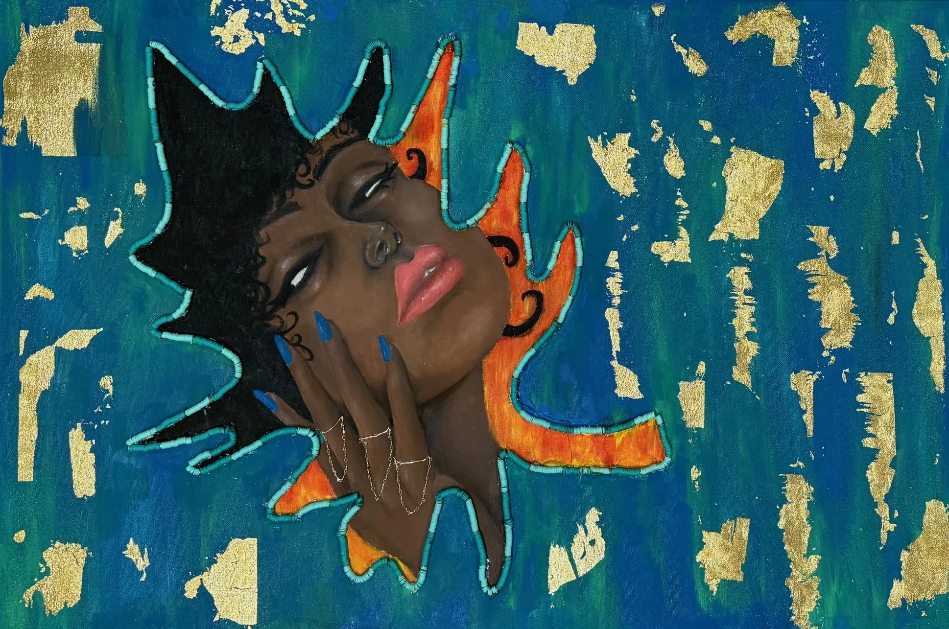 Golds and Glows, 2025
Oil painting, gold foil, beaded jewels, and gold chain on canvas - 24 x 36 inches

