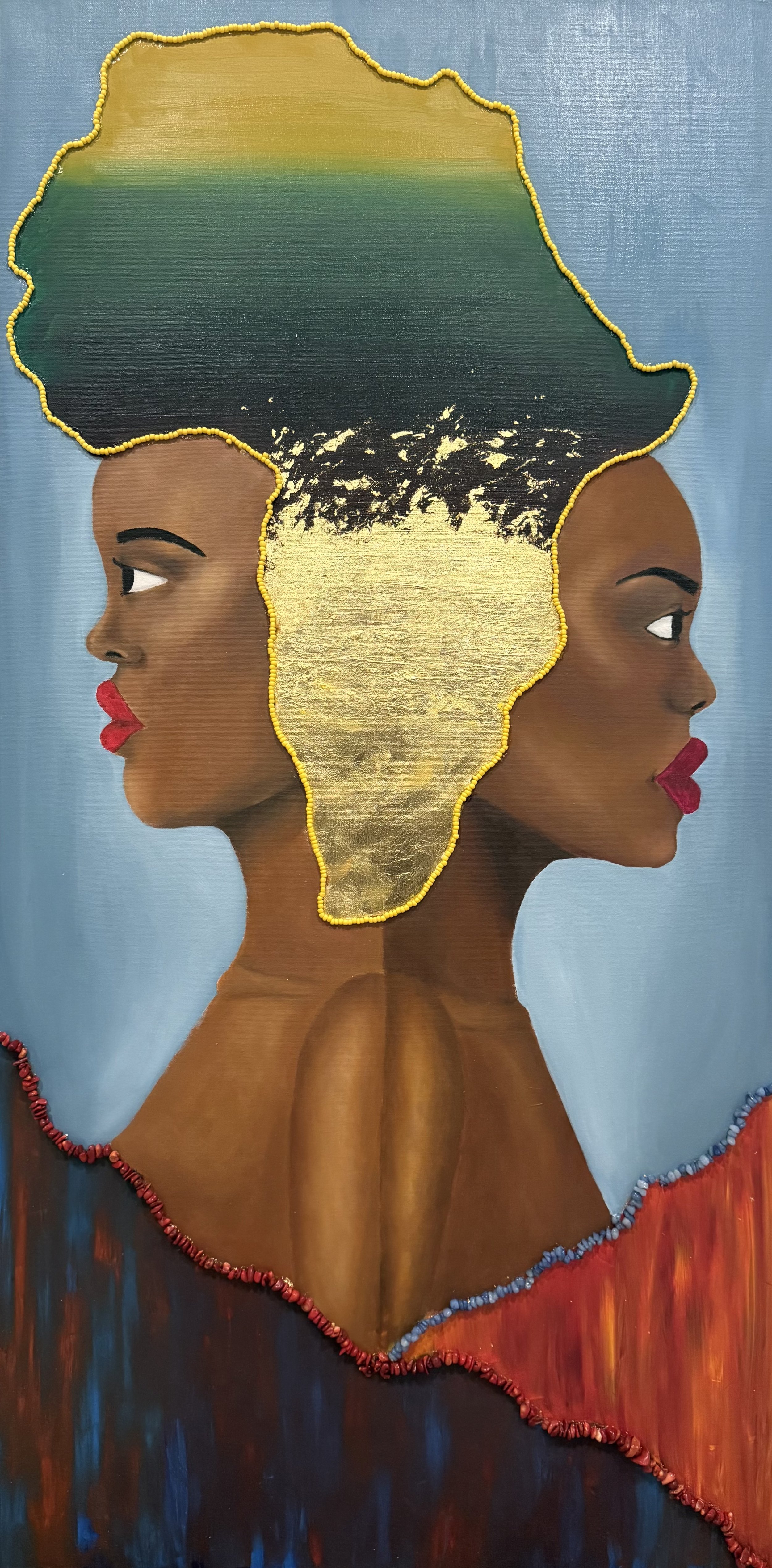 Richness in Harmony, 2026
Oil paint, beaded jewels, and stone pieces on canvas - 48 x 24 inches

