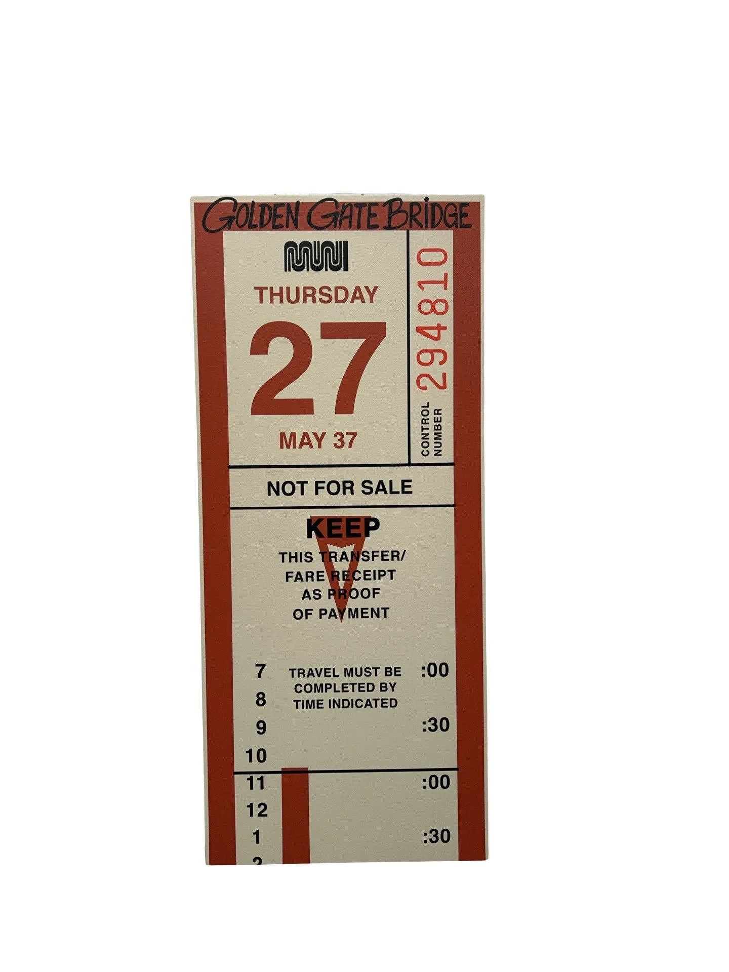 Acrylic painting on canvas by Timothy Williams (Optimist) depicting a Golden Gate Bridge transit ticket, Bay Area art