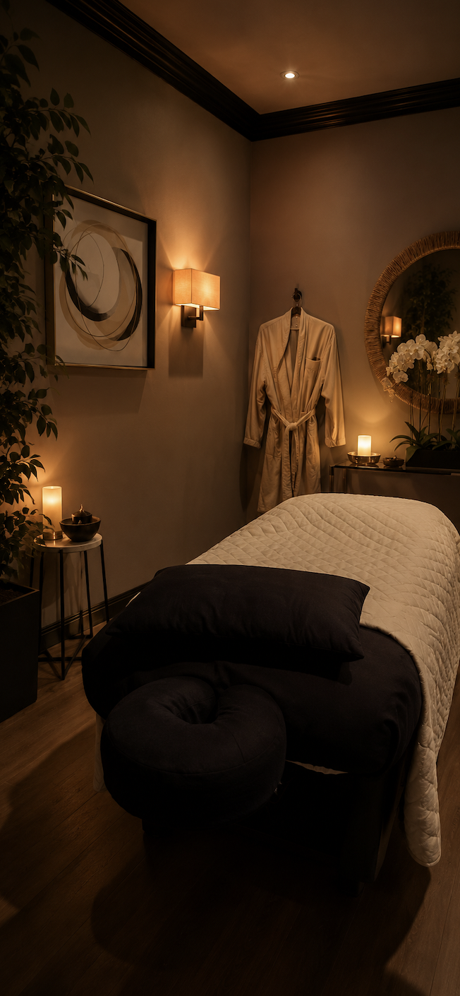 A cozy massage room with dim lighting, a massage table with a white quilt and black pillows, a beige robe hanging on the wall, a small table with a candle, a large mirror with a bamboo frame, and a potted orchid. There are wall-mounted lamps and artwork on the wall.