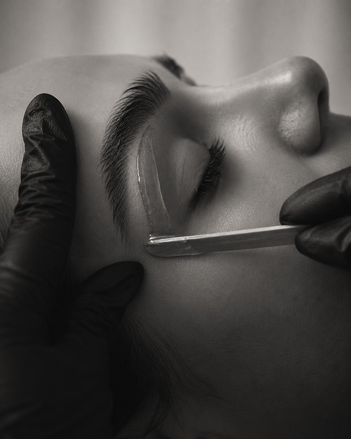 A close-up black and white photograph of a woman's face lying down with eyes closed, someone wearing black gloves applying a treatment or eyelash extension to her eyelashes using a small tool.