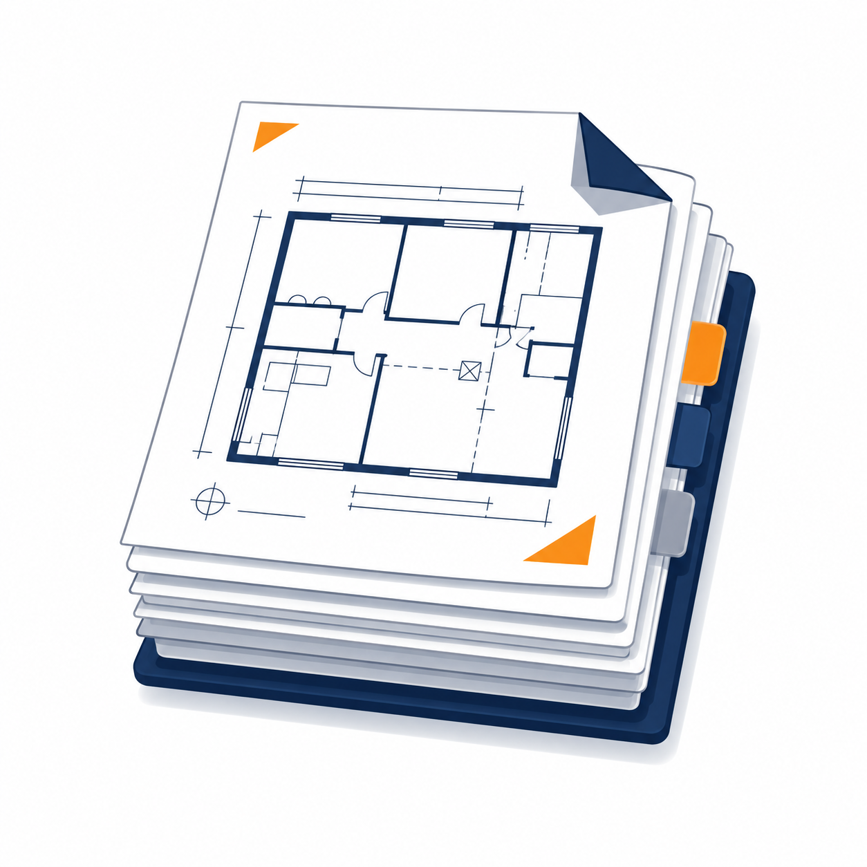 Stack of construction documents and blueprint representing document review