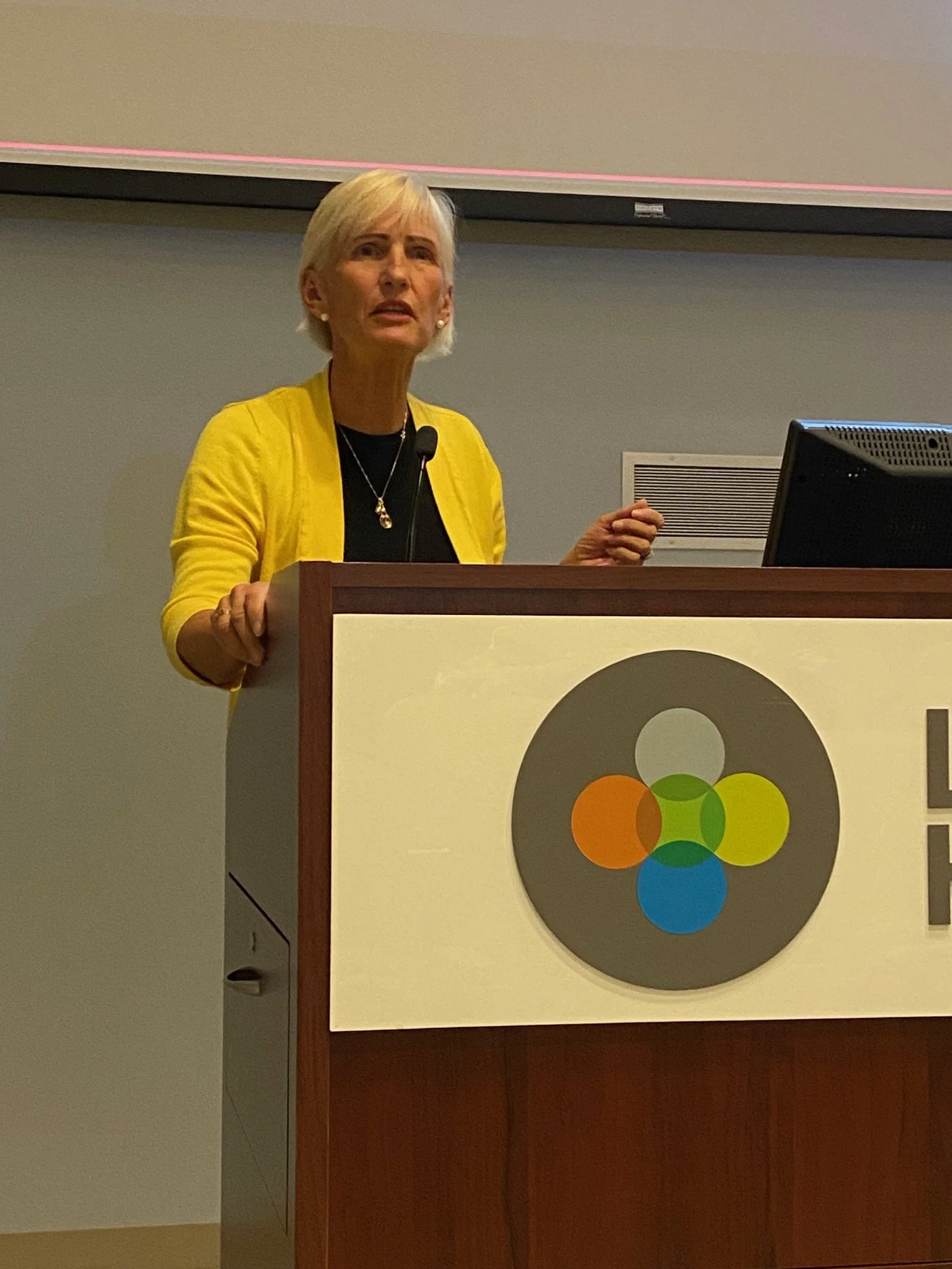 Nancy speaking to a delegation of Lake Ridge Health Advisory Committee members from across Durham Region as Co-Chair of the Lake Ridge Ajax Pickering Community Advisory Committee.