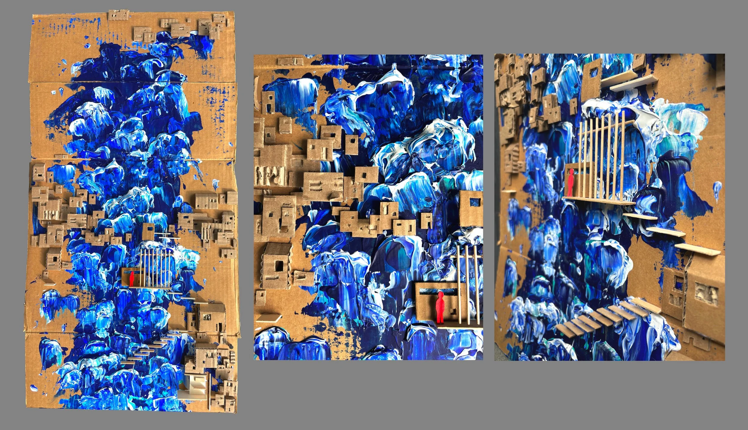 Cascade, 15.5” x 30”, 2024. Vibrant waves flow between rigid cardboard buildings, bringing an unpredictable force into a familiar cityscape. A small red figure watches as the water moves around him. Through the contrast between fluidity and structure
