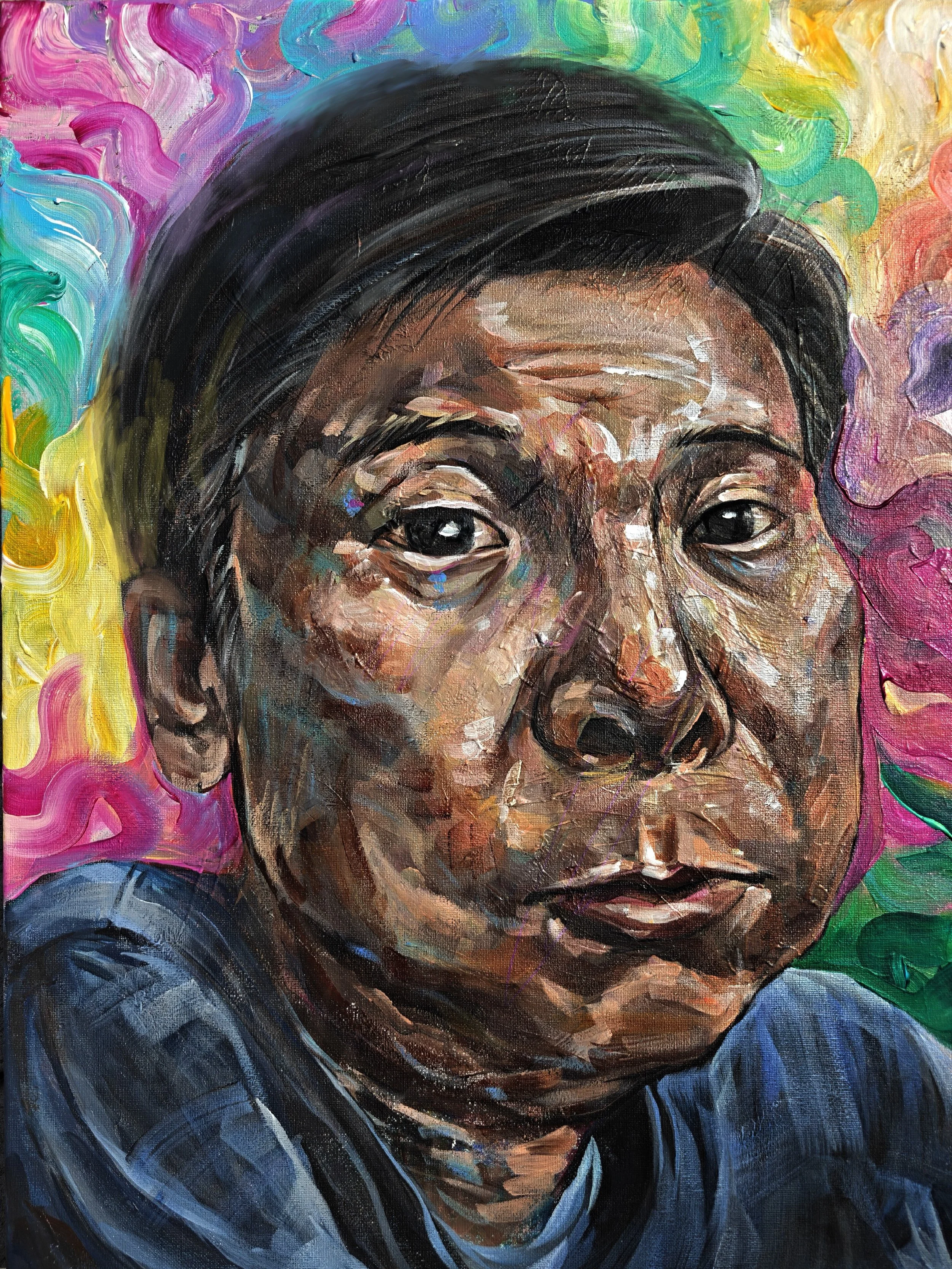Picture Perfect, 18” x 24”, 2025. Caught mid-chew, my father appears far from the polished perfection of traditional portraiture. Vibrant colors and expressive brushstrokes reveal his playful, unguarded personality. Rather than idealizing him, I cele