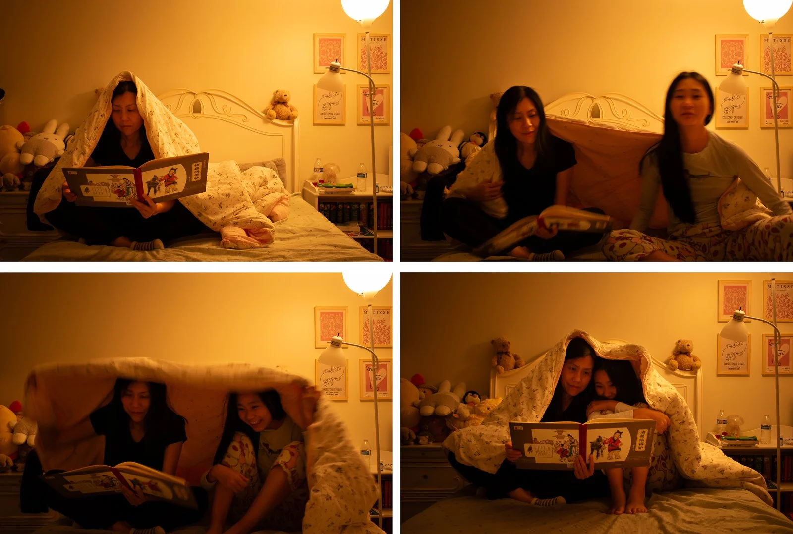 Once upon a time…, 50.5x34, 2025. Digital camera captures me when I join my mom under a blanket. She reads a Chinese children's book. I feel 5, learning to love life again. We get a redo of my childhood. Tying up the loose ends, providing closure for