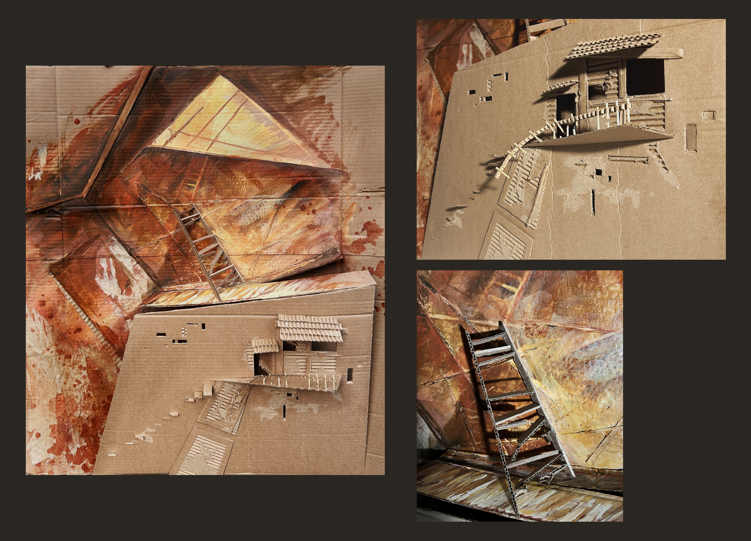 Just Out of Reach, 27” x 31”, 2026. A broken ladder stretches toward a glowing window, promising an escape that can never be reached. Through distorted perspectives and frantic brushstrokes, I question our tendency to chase distant promises of happin
