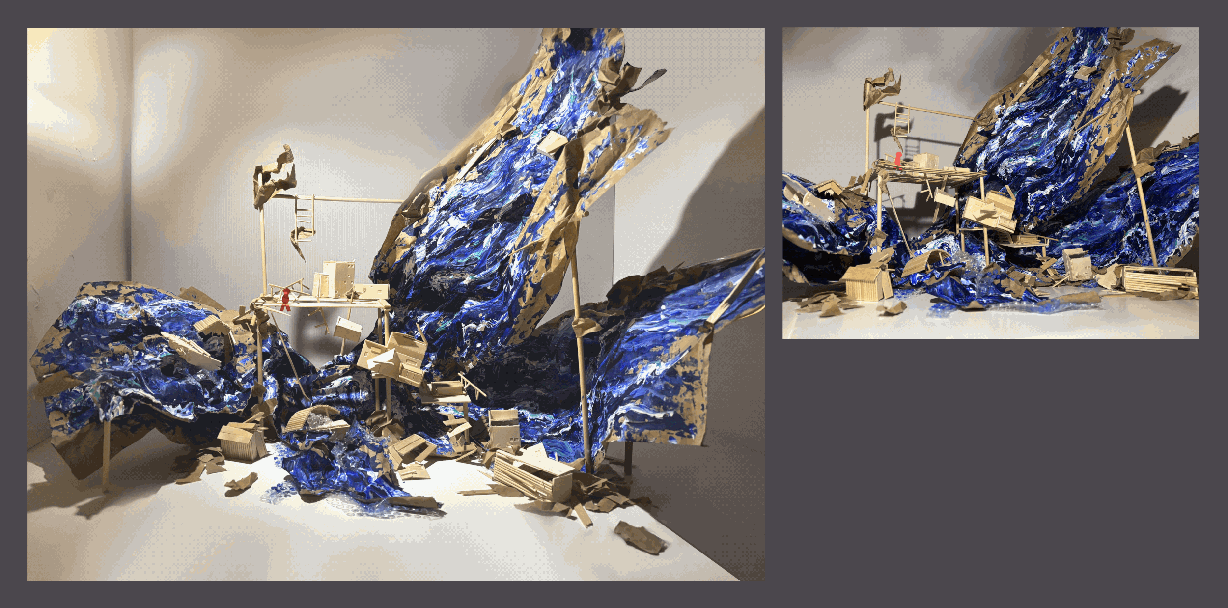 Oceanic Omen, 16’’ x 32” x 18’’, 2025. A towering wave threatens to engulf a tiny red figure surrounded by the wreckage of a collapsing world. Through jagged forms, deep blues, and fragmented structures, I capture the feeling of being overwhelmed by 