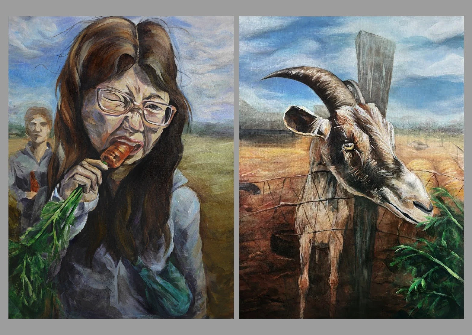 Two Sides of a Carrot, 36” x 24”, 2026. A girl and a goat share a carrot, experiencing the same moment in entirely different ways. Their contrasting expressions bring humor to an ordinary encounter, while the hazy backgrounds evoke a distant childhoo