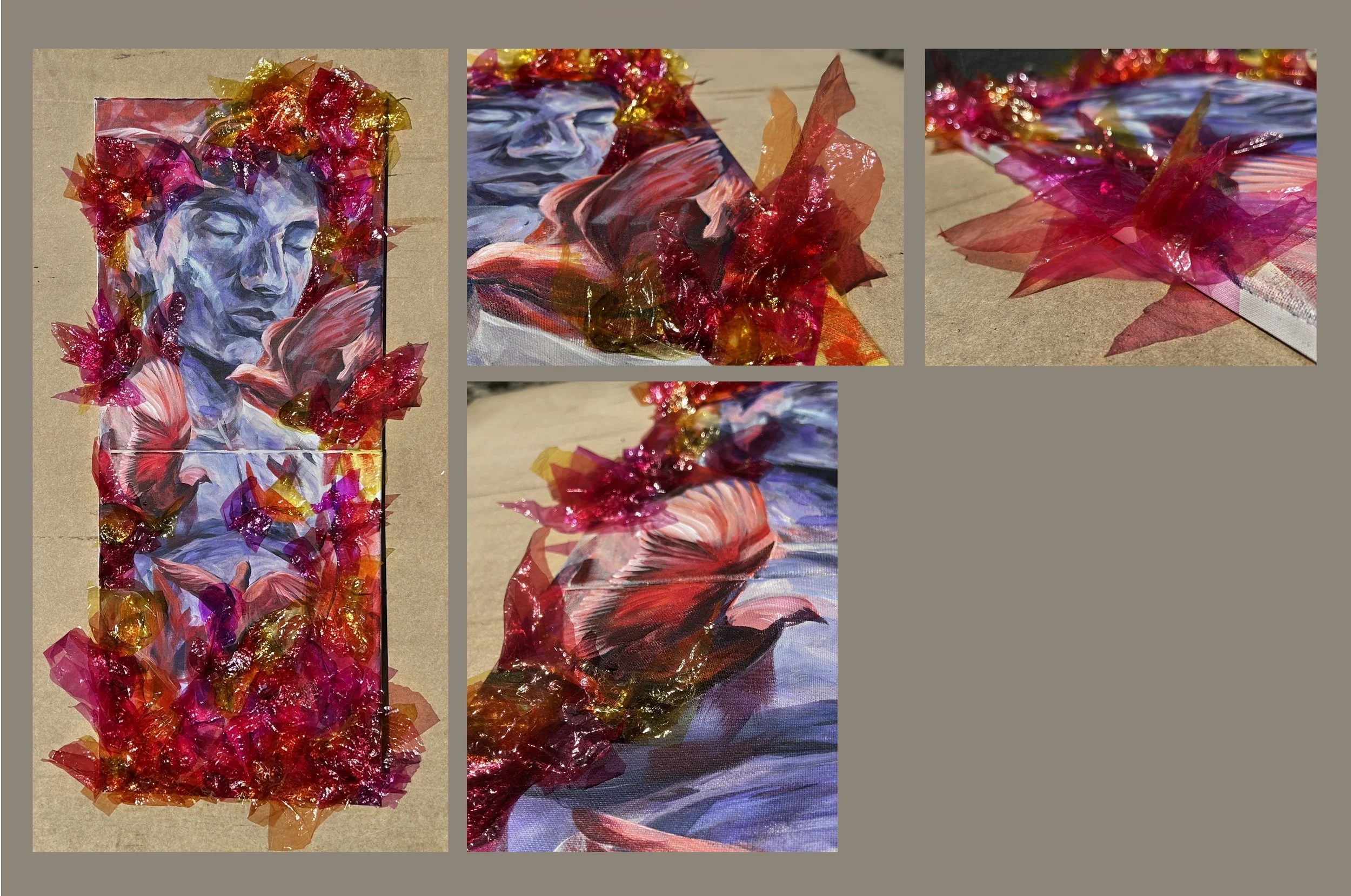 Equinox, 16” x 40”, 2026. A solitary figure rests between cool blues and vibrant bursts of pink, red, and gold. Translucent cellophane blooms like flower petals and butterfly wings, bringing warmth into an otherwise still, crystalline world. Through 