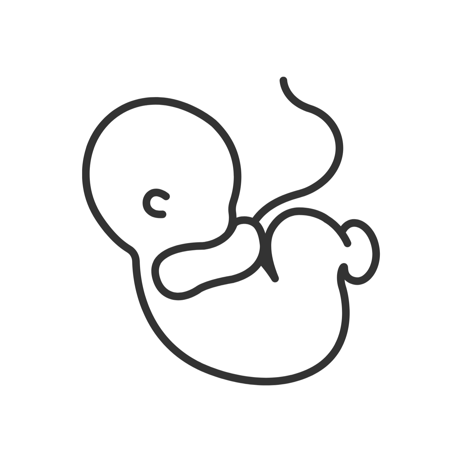 A simple black and white line drawing of a baby's head and body with a pacifier and a questioning expression.