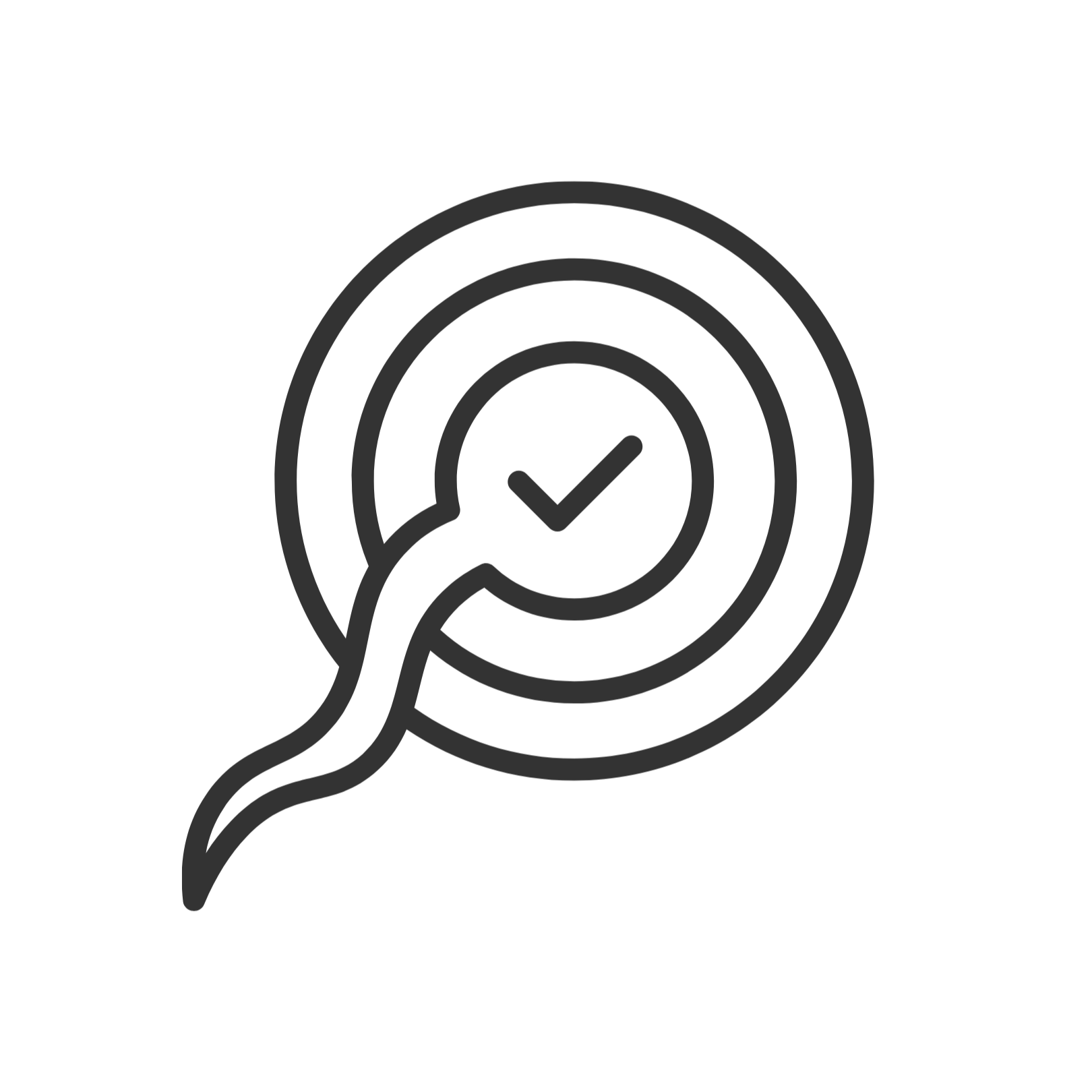 An icon of a hand holding a large magnifying glass with a checkmark inside.