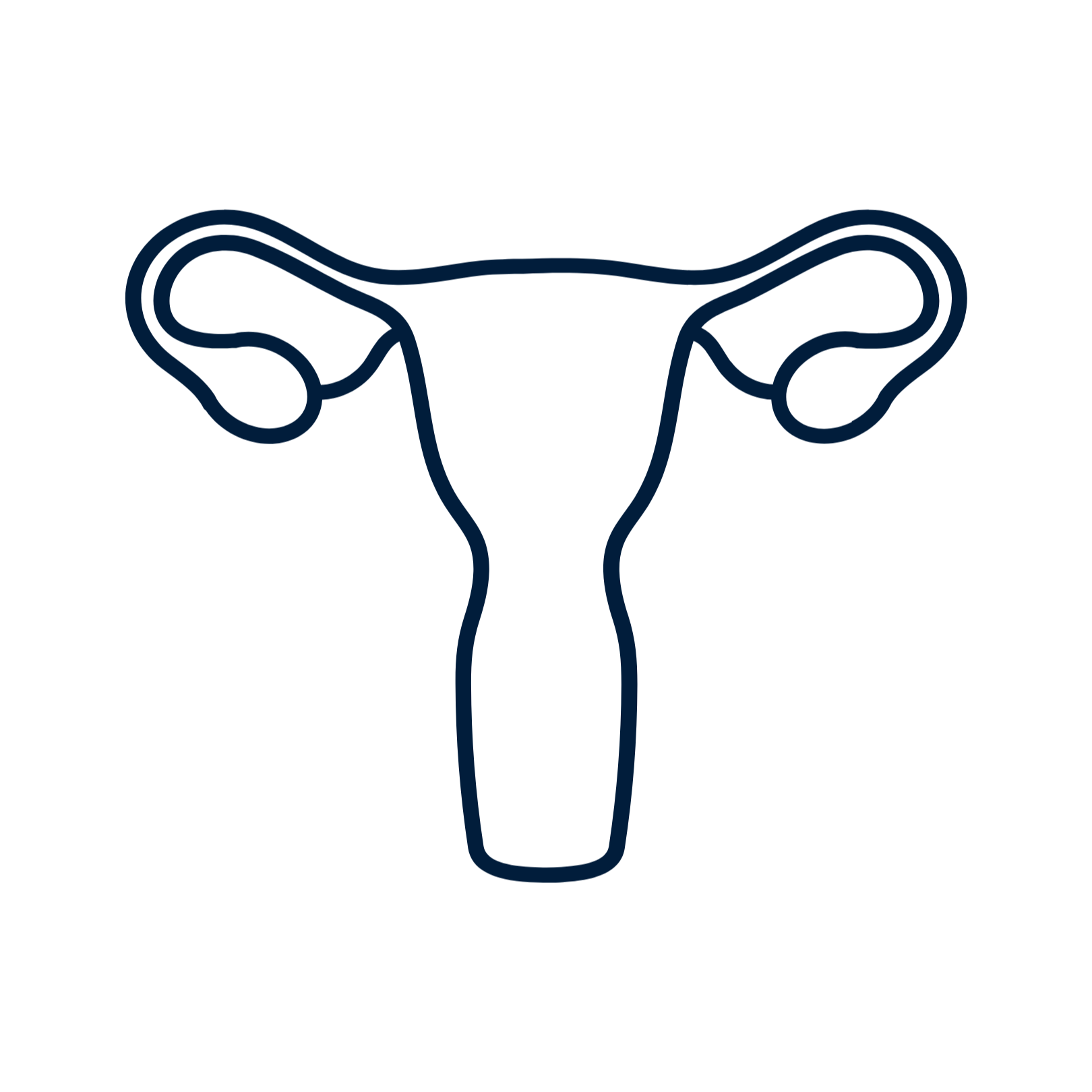 Outline of female reproductive system, including ovaries, fallopian tubes, uterus, and cervix.