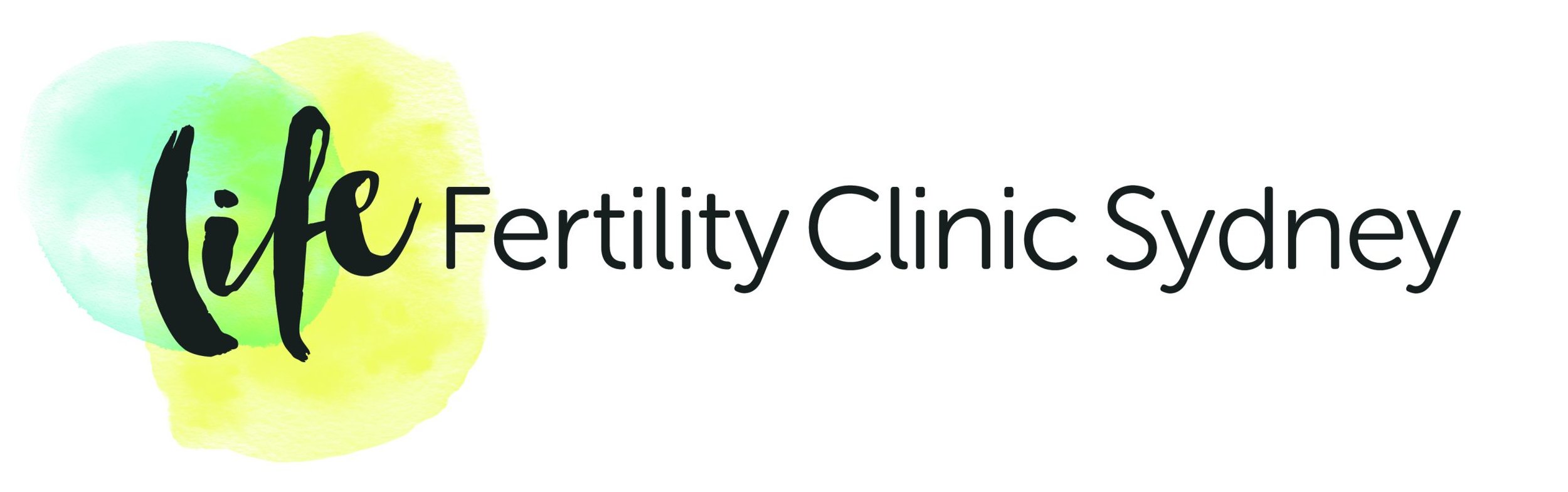Logo for Life Fertility Clinic Sydney featuring the word "life" in black handwritten script over a watercolor green and yellow background, followed by "Fertility Clinic Sydney" in black text.