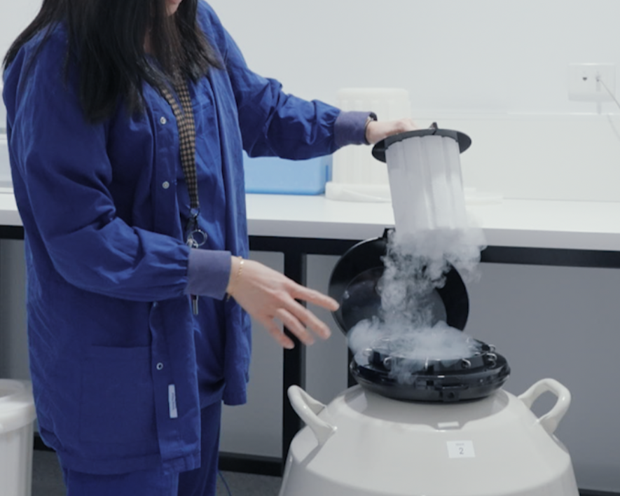 Person in blue jacket using a dry ice machine, producing fog, in a laboratory setting.