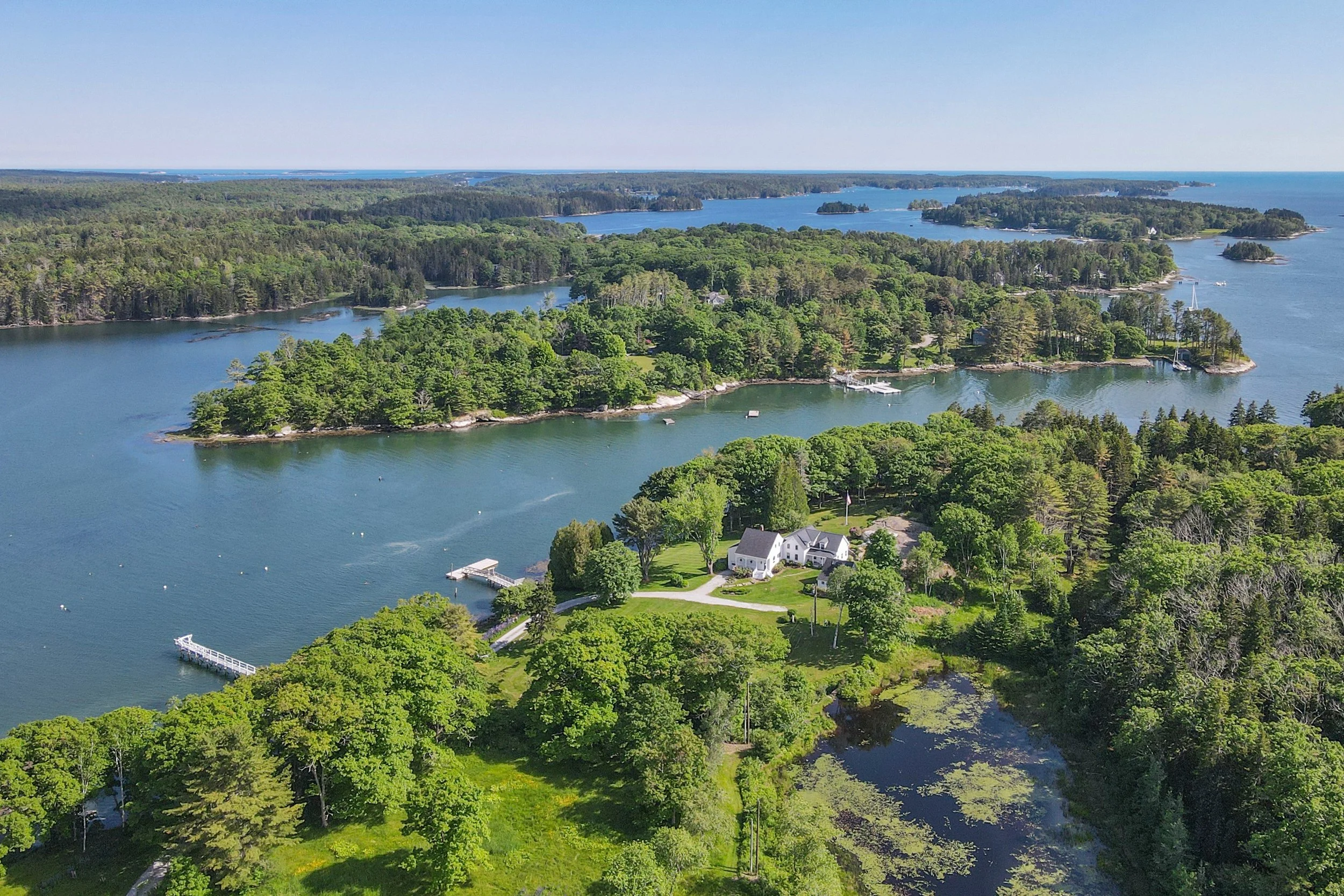 A scenic aerial view of a lush green landscape with a harbor, trees, and houses on the shores of the water, under a clear blue sky.