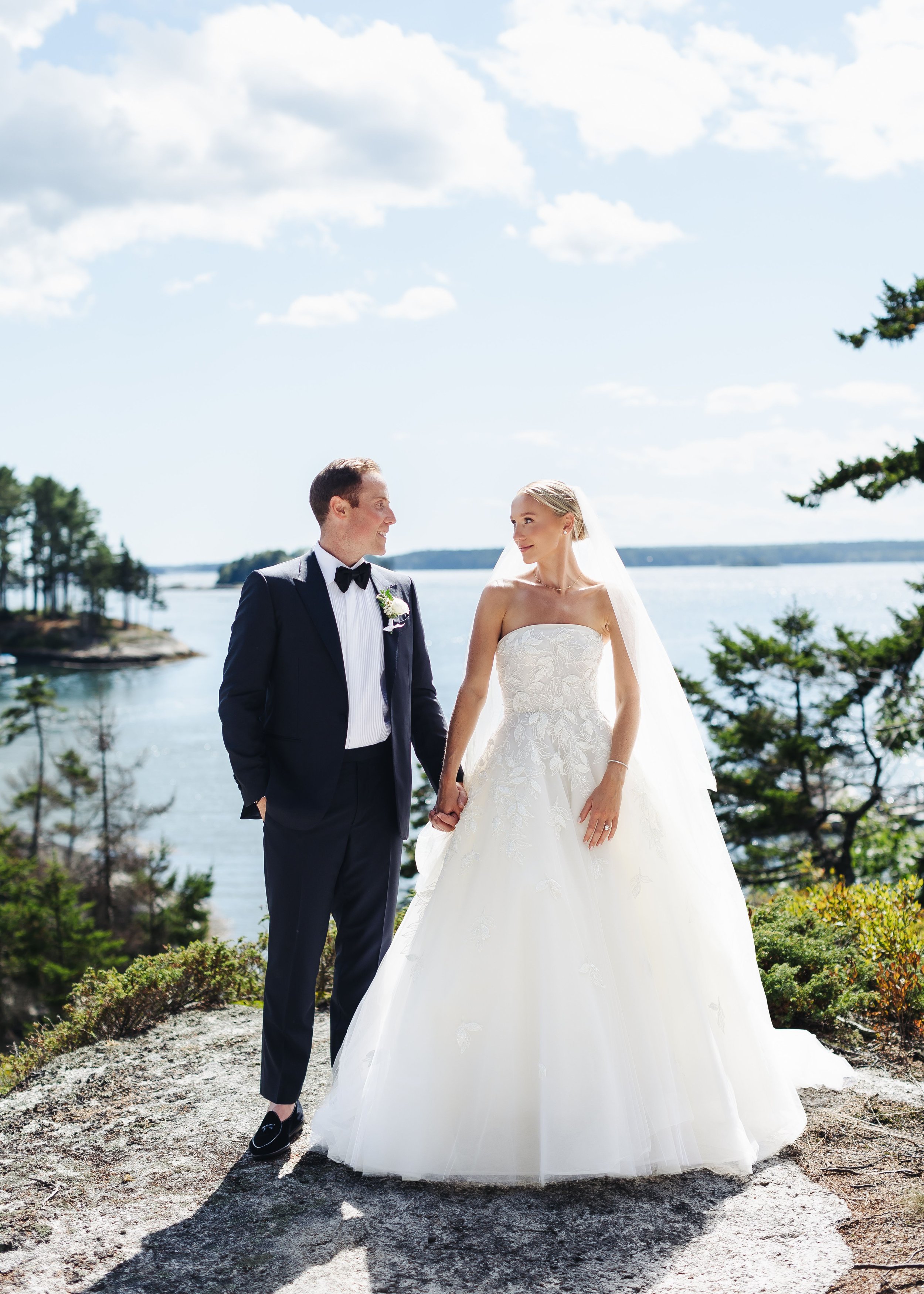 A bride and groom holding hands outdoors near a body of water, with trees and a partly cloudy sky in the background. The groom is wearing a black tuxedo with a bowtie, and the bride is wearing a white wedding dress with a veil.