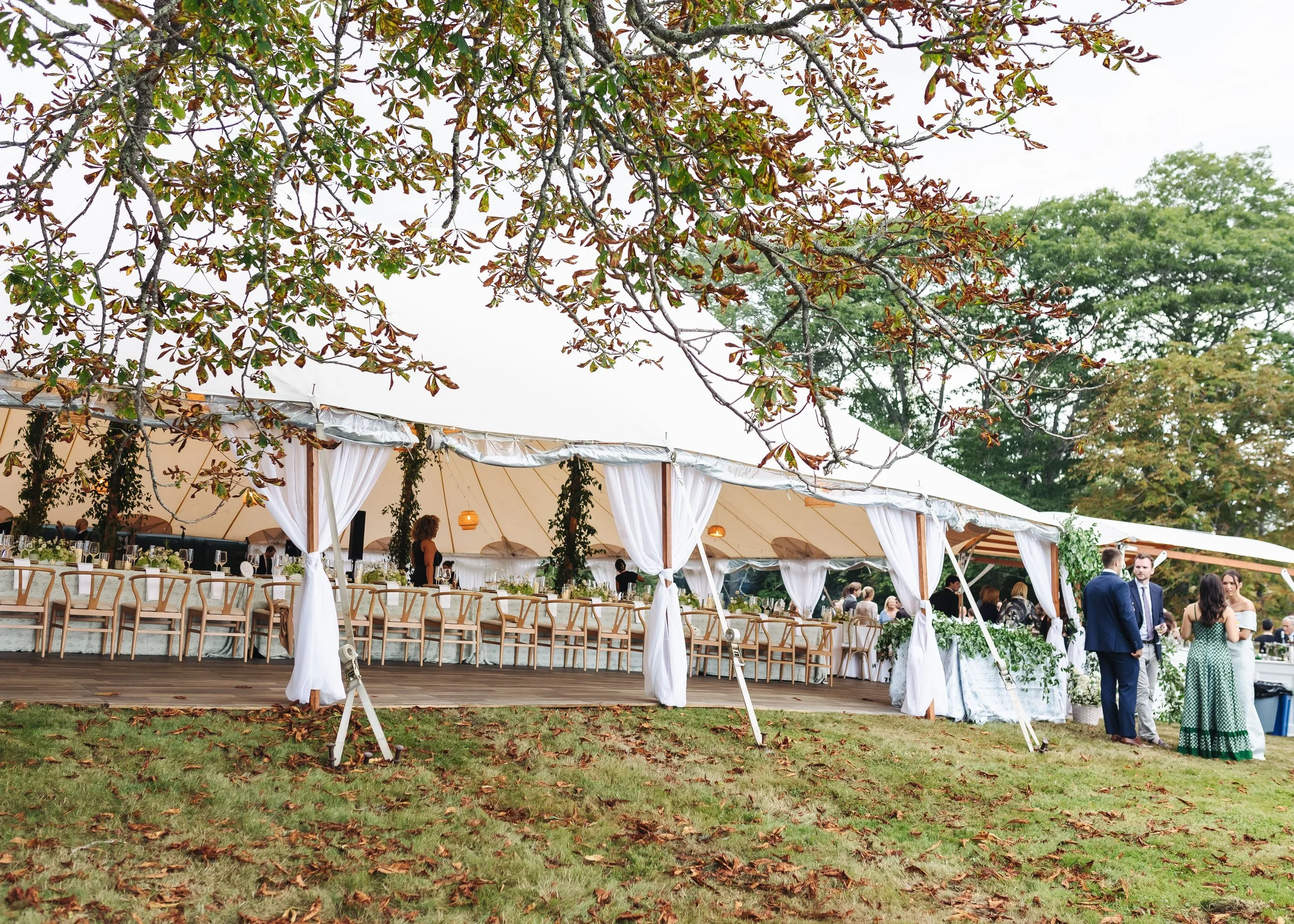 A large outdoor wedding reception under a white tent, with tall trees and green foliage in the background. The tent is decorated with white drapes and greenery. Guests are mingling and sitting at tables, and a woman is standing near the tables.