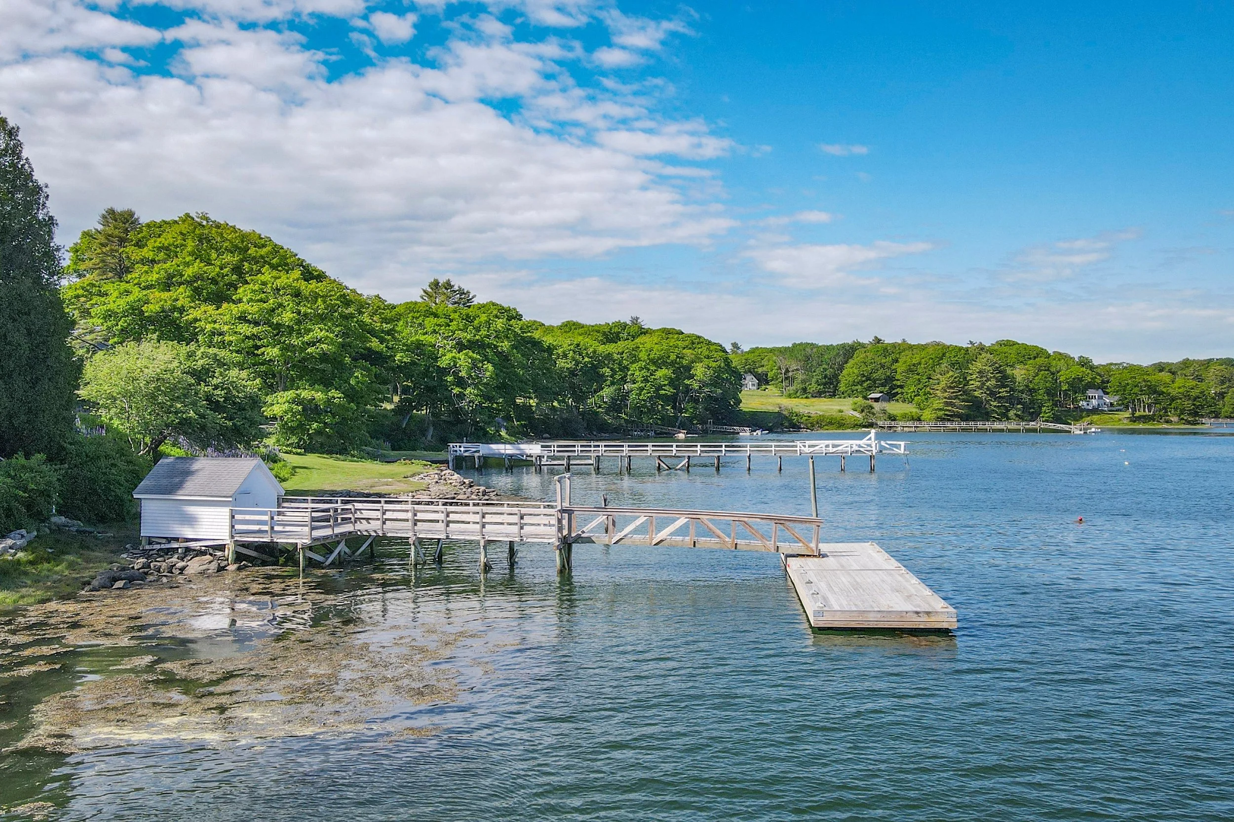A peaceful harbor scene with a wooden dock extending into the water, surrounded by lush green trees under a partly cloudy sky.