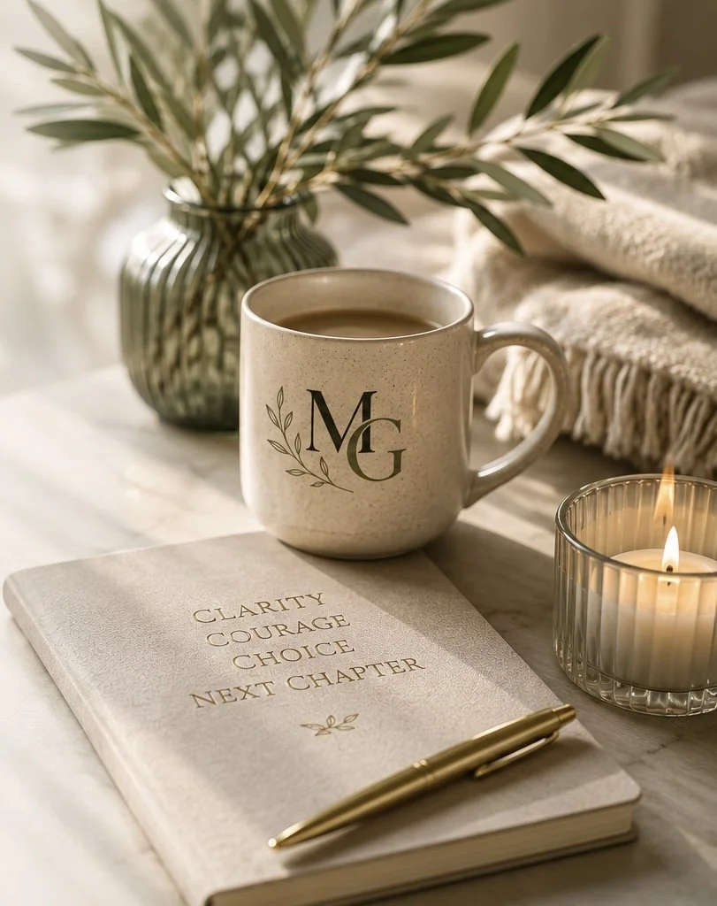A beige ceramic mug with an 'MC' monogram and leaf design, a closed white notebook with gold text reading 'Clarity, Courage, Choice, Next Chapter,' a gold pen on top, a lit candle in a glass holder, a striped vase with greenery, and a soft blanket on a white wooden surface.