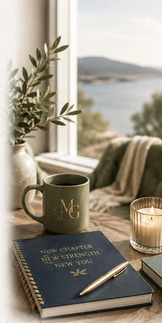 A cozy indoor scene with a mug, candle, and a notebook on a wooden table near a window overlooking a river and hills.
