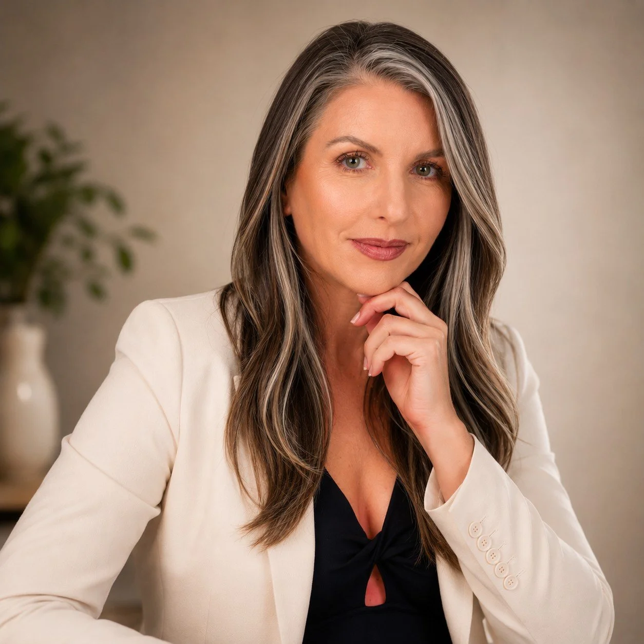 A woman with long, wavy hair with gray streaks, wearing a white blazer and black top, sitting indoors with her hand on her chin, smiling softly. Background includes a blurred plant and neutral wall.