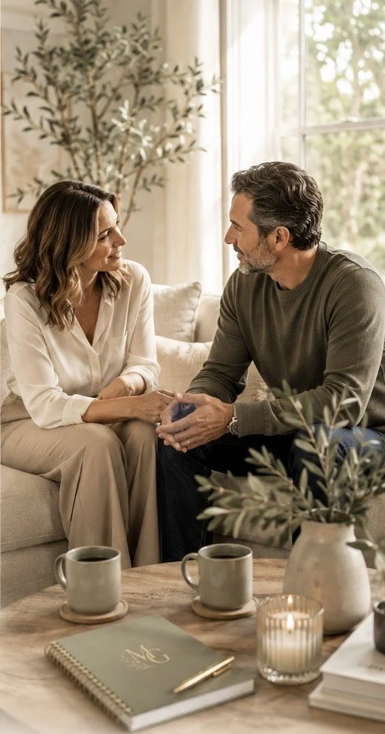 A man and woman sitting on a couch in a cozy living room, holding hands and looking at each other. There are two coffee mugs, a notebook, a pen, and a lit candle on the wooden table in front of them. Sunlight streams through a window behind them, illuminating the room.