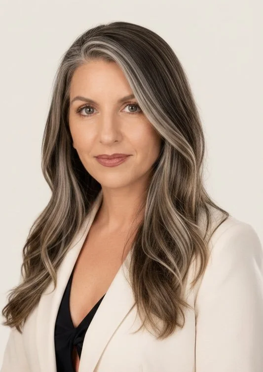 A professional woman with long, wavy hair with highlights, wearing a cream blazer over a black top, posing against a plain light background.