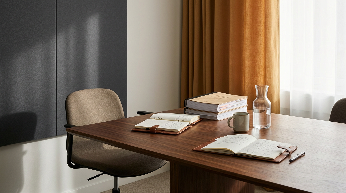 Mesa de escritório com papeis empilhados, um caderno aberto, uma caneta, um copo de café ou chá, uma jarra de água, e cortinas ao fundo.