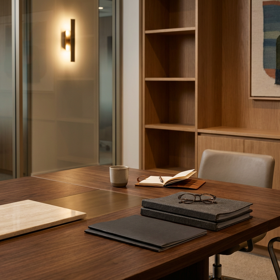 Sala de reunião com mesa de madeira, livros, porta óculos e caneca sobre a mesa, estante de madeira vazia ao fundo, paredes de vidro e iluminação ambiente.