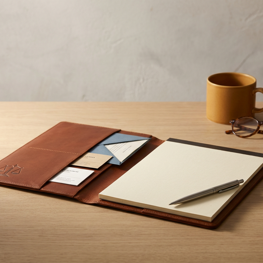 Área de trabalho com pasta de couro marrom, caderno de capa clara, caneta, xícara marrom e óculos. Mesa de madeira clara e parede cinza ao fundo.