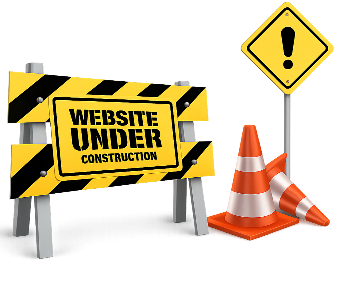 Construction warning signs including a large yellow sign that says 'Website Under Construction,' a smaller yellow diamond-shaped sign with an exclamation mark, and orange and white traffic cones.