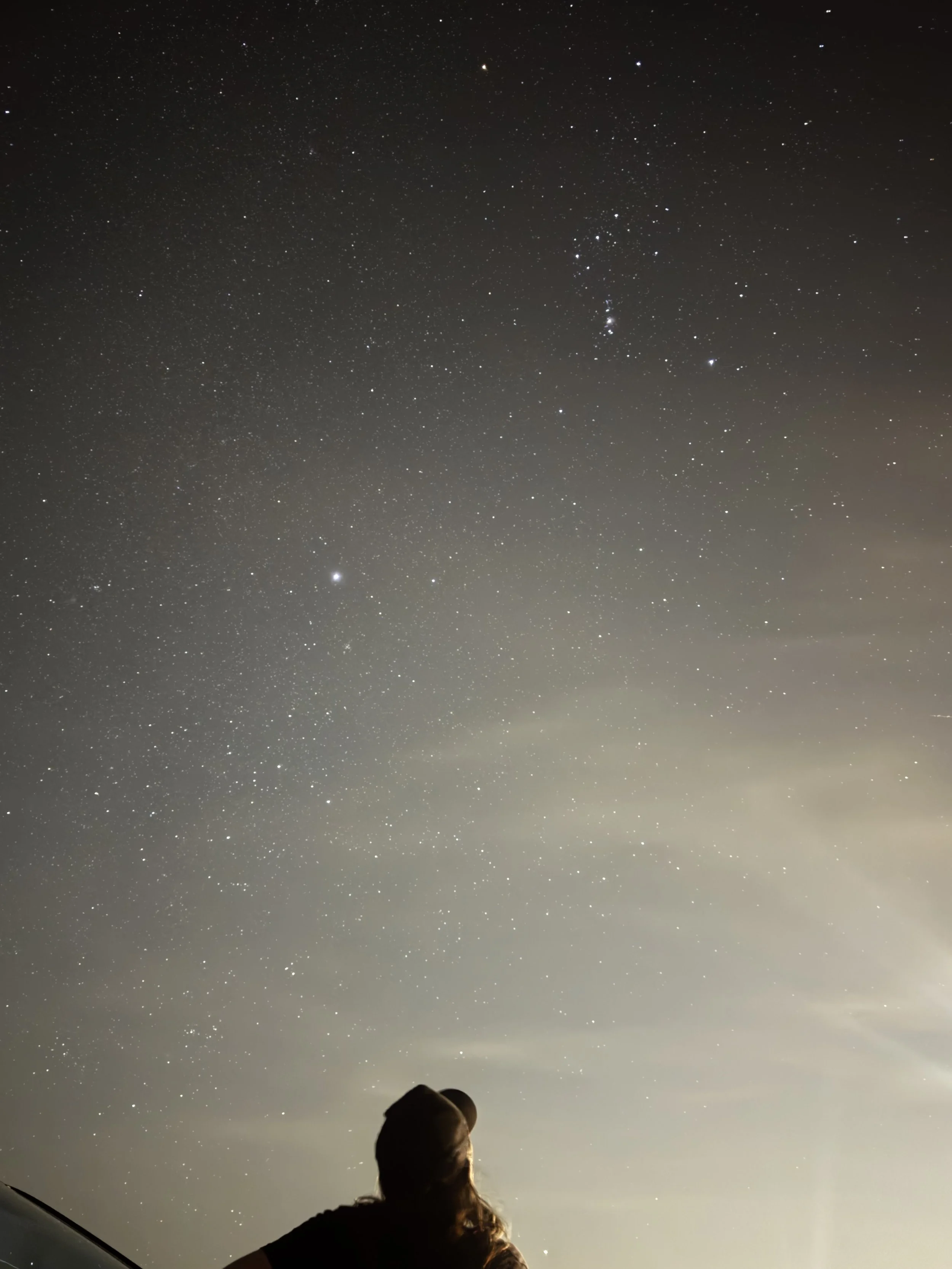An astronomer looking up at a starry night sky filled with numerous stars and faint Milky Way galaxy.