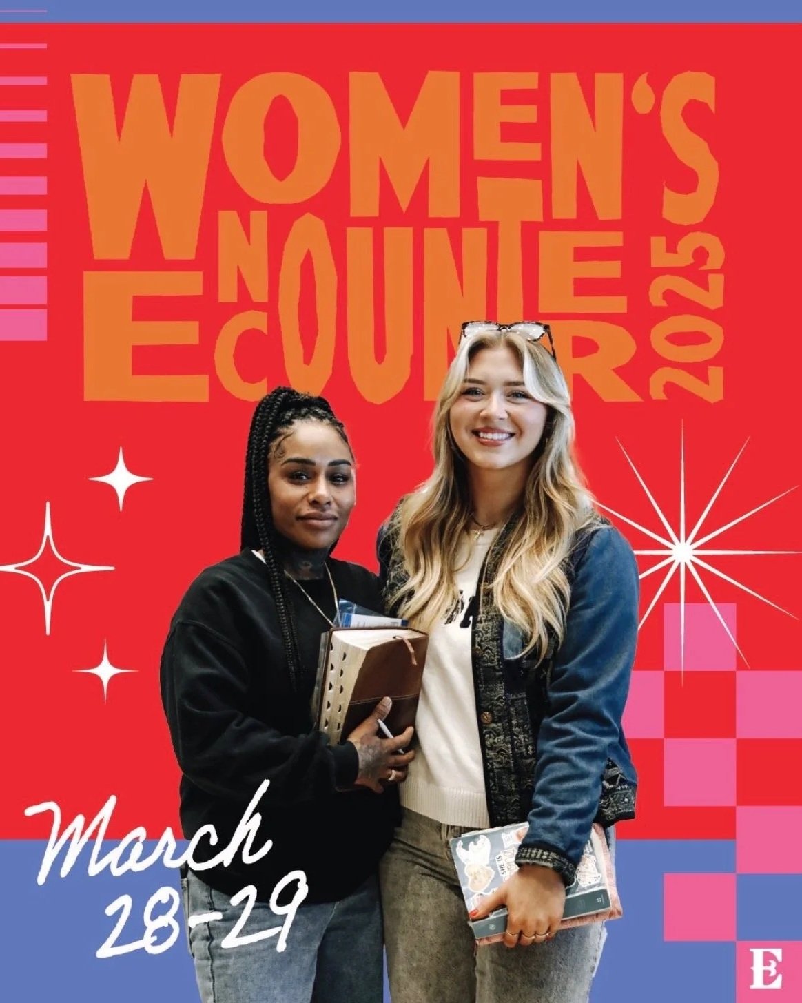 Two women standing together at the Women's Evolve event on March 28-29, 2023. One woman has braided hair and is holding a notebook, while the other has long blonde hair and is smiling, holding a box of supplies. The background is red with decorative stars and event text.