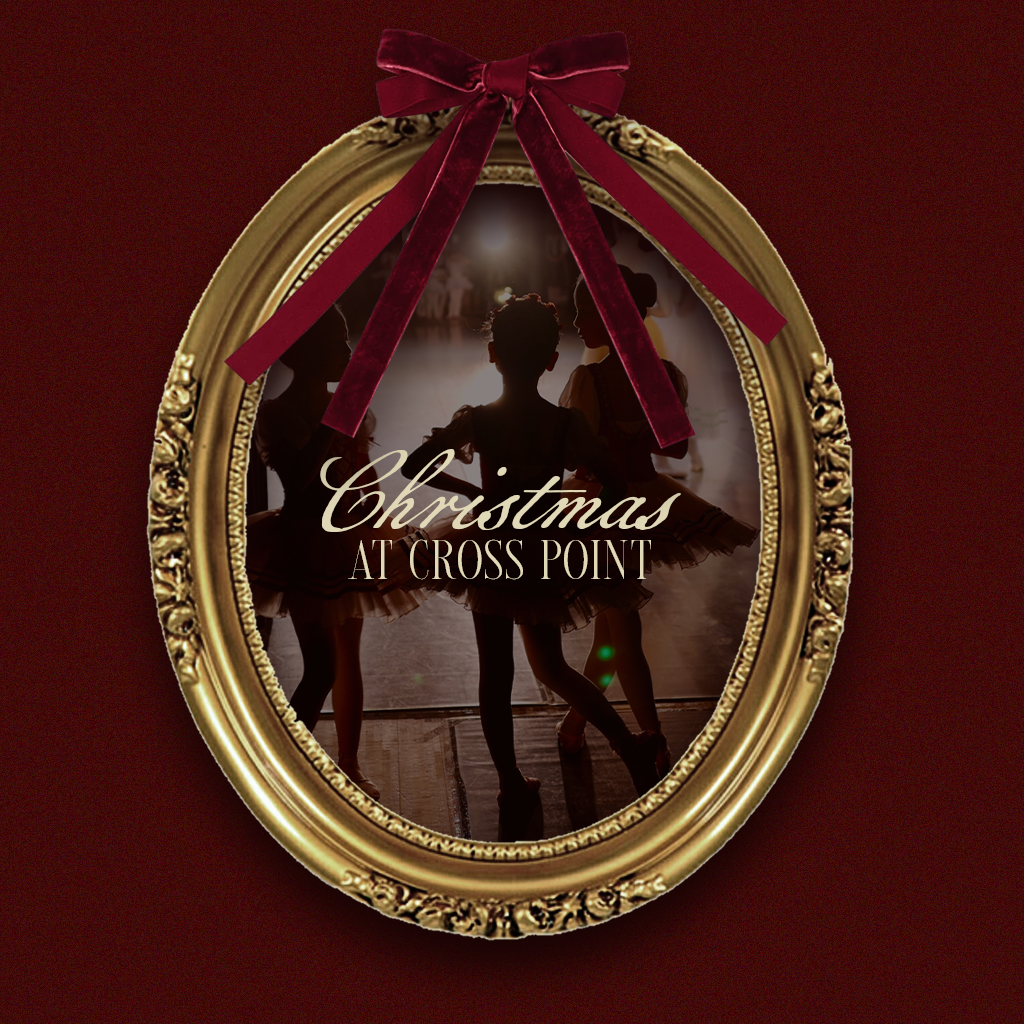 A promotional poster for a Christmas event at Cross Point, featuring a gold oval mirror with a red velvet bow on top. Inside the mirror, there is a silhouette of children dancing on a stage with a Christmas-themed background.
