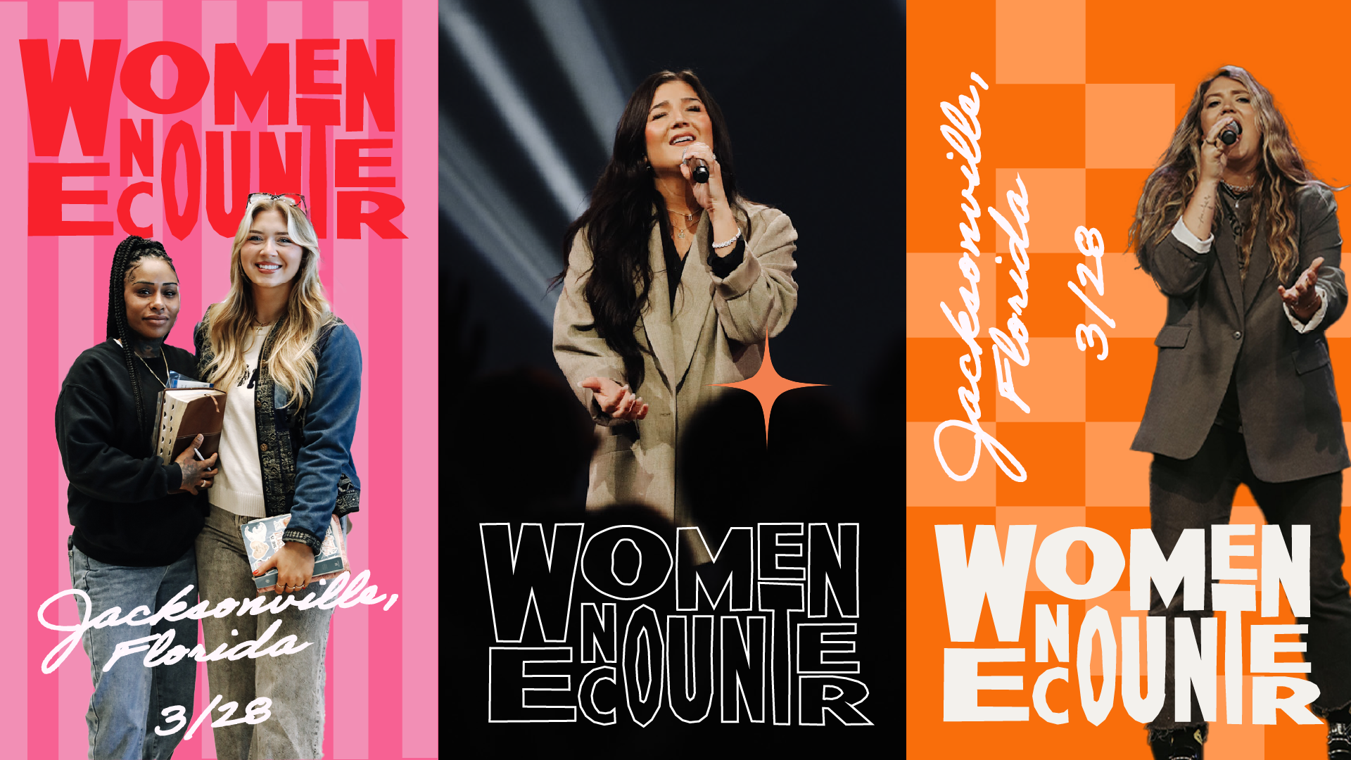 Collage of three women with different backgrounds and styles, each holding a microphone, promoting women in medicine, with bold text reading 'Women in Medicine' and location 'Jacksonville, Florida, 3/28' on pink, black, and orange backgrounds.