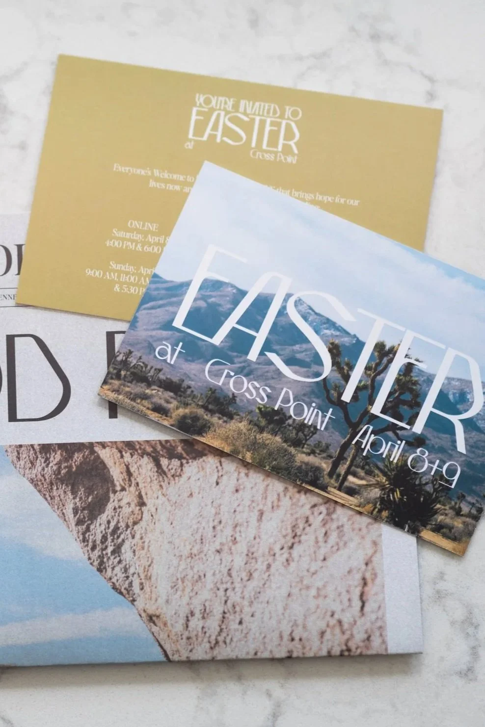 Flyers for an Easter event at Cross Point, featuring the LASER event at Cross Point on April 8-9, with scenic mountain and desert landscape background.