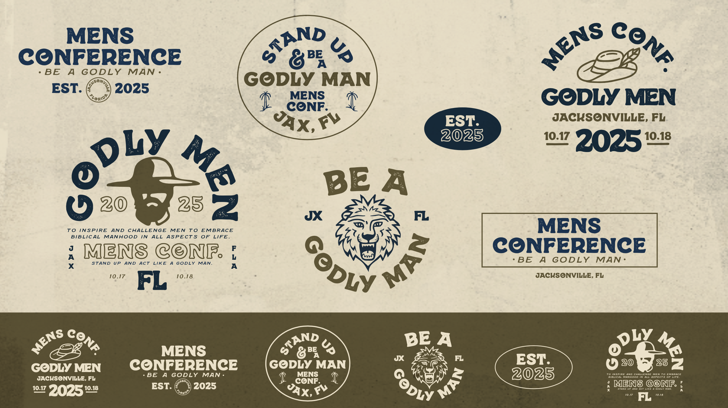 Pattern of logos and text promoting a men's conference with themes of biblical manhood, featuring a lion, a cowboy hat with a feather, and a hat and beard, with details about the event in Jacksonville, Florida, in 2025.