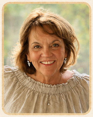 Smiling woman with short light brown hair and earrings, wearing a beige ruffled top, outdoors with greenery in the background.