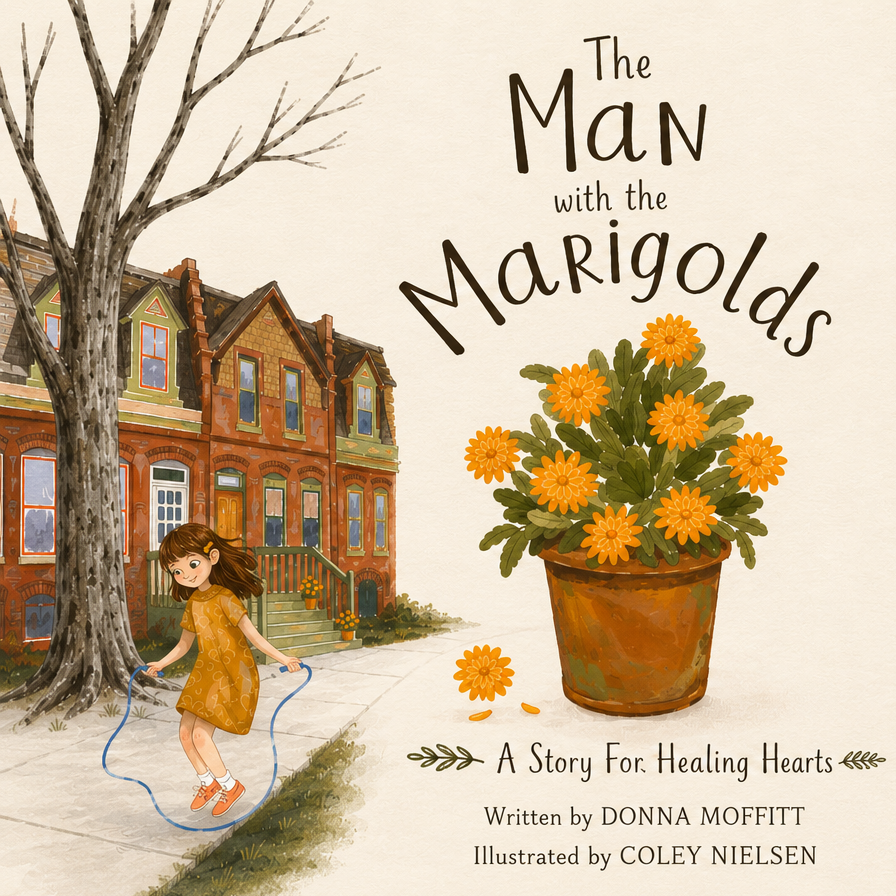 Cover of a children's book titled "The Man with the Marigolds" showing a girl jumping rope outside a brownstone house with a large tree in front. There is a potted marigold plant with bright orange flowers, and the subtitle "A Story For Healing Hearts."