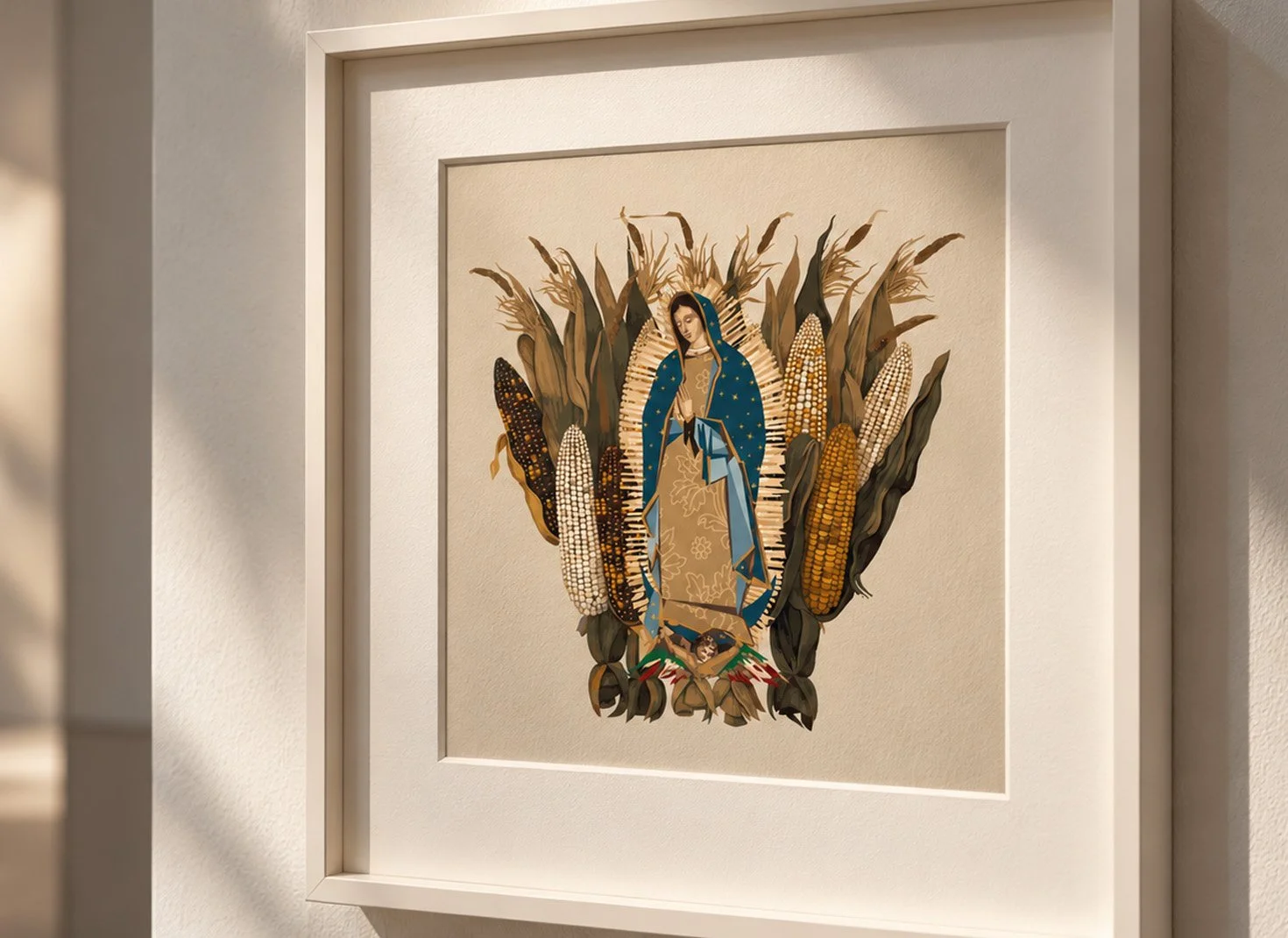 Obra de Fer Quirarte inspirada en la Virgen de Guadalupe, con una composición de mazorcas de maíz, hojas y elementos vegetales que evocan la identidad cultural mexicana.