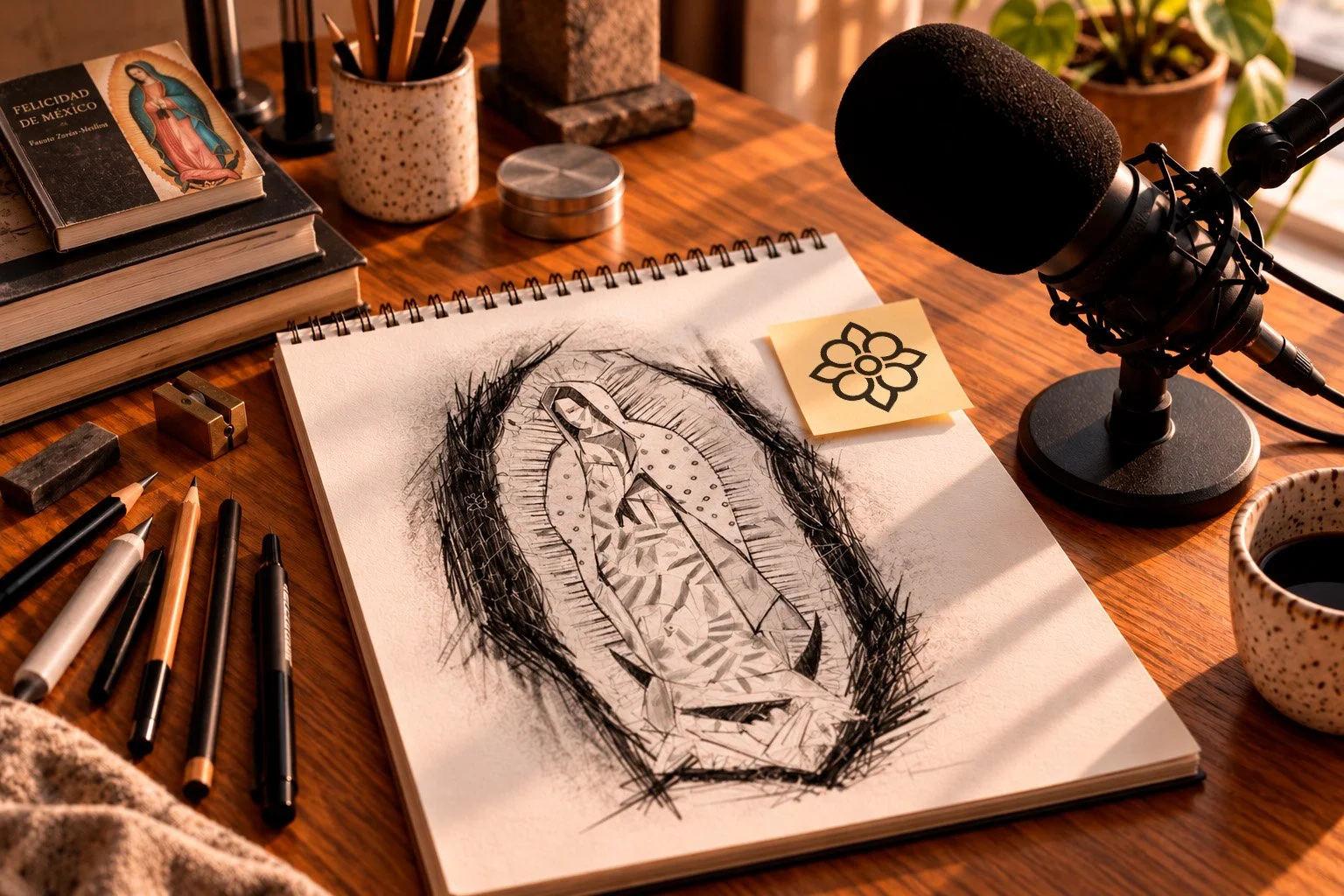 Dibujo artístico de la Virgen de Guadalupe en un cuaderno de dibujo en un escritorio de madera, rodeado de bolígrafos, lápices, una taza con café, libros y una grabadora de podcast.