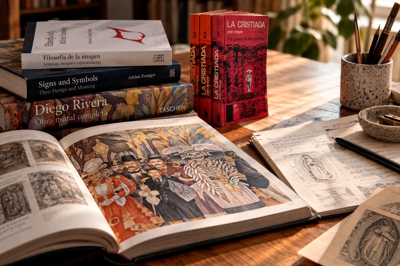 Estantería con libros de historia, arte y filosofía, una revista abierta con una ilustración de figuras históricas mexicanas, un cuaderno con notas y dibujos, y unos bolígrafos en una taza sobre una mesa de madera.