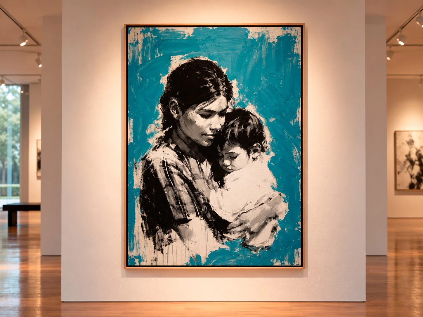 Obra de Fer Quirarte que representa la maternidad mediante una madre que sostiene a su hijo, con trazos expresivos en blanco y negro sobre un fondo turquesa.