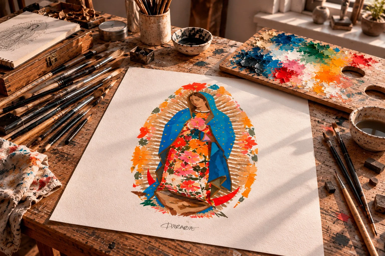 Dibujo de la Virgen María en proceso de creación, rodeada de pinturas, pinceles y paletas en un taller de arte.