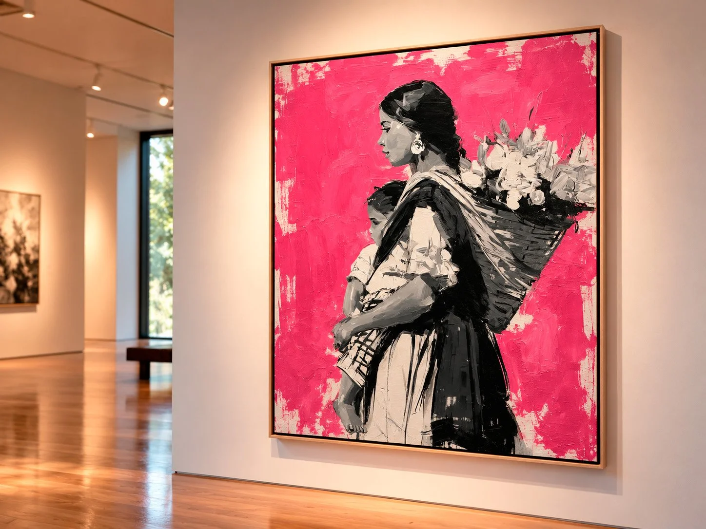 Obra de Fer Quirarte que representa a una madre con su hijo como vendedores de flores, en una composición que evoca la maternidad y la vida cotidiana mexicana.