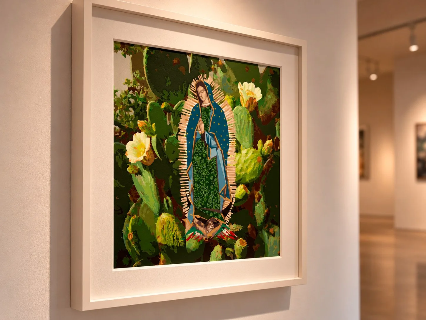 Obra de Fer Quirarte inspirada en la Virgen de Guadalupe, con una composición de nopales sobre fondo verde que incorpora elementos de la identidad y el paisaje mexicano.