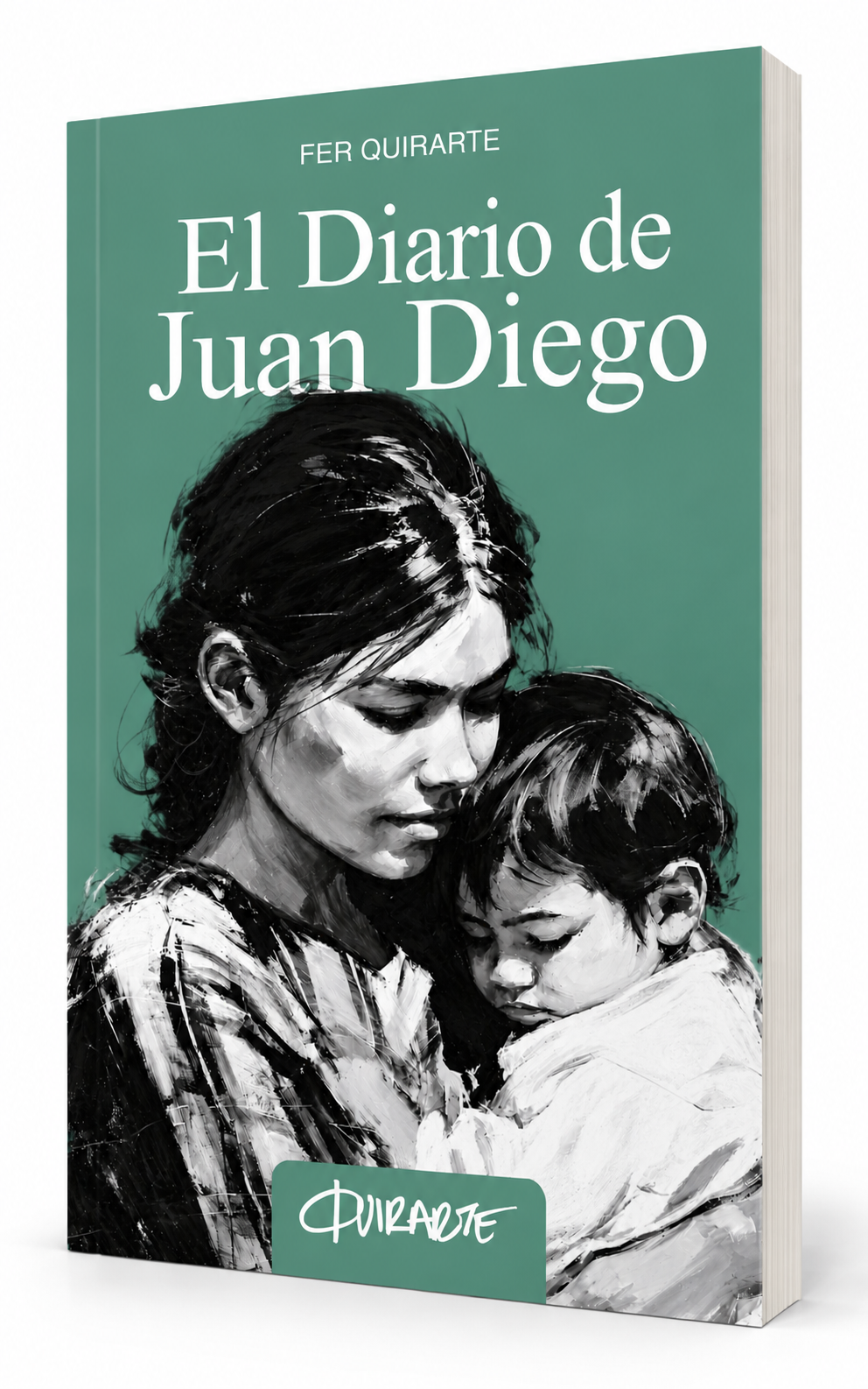 Portada de un libro titulado "El Diario de Juan Diego" con una ilustración en blanco y negro de una mujer y un niño abrazados.