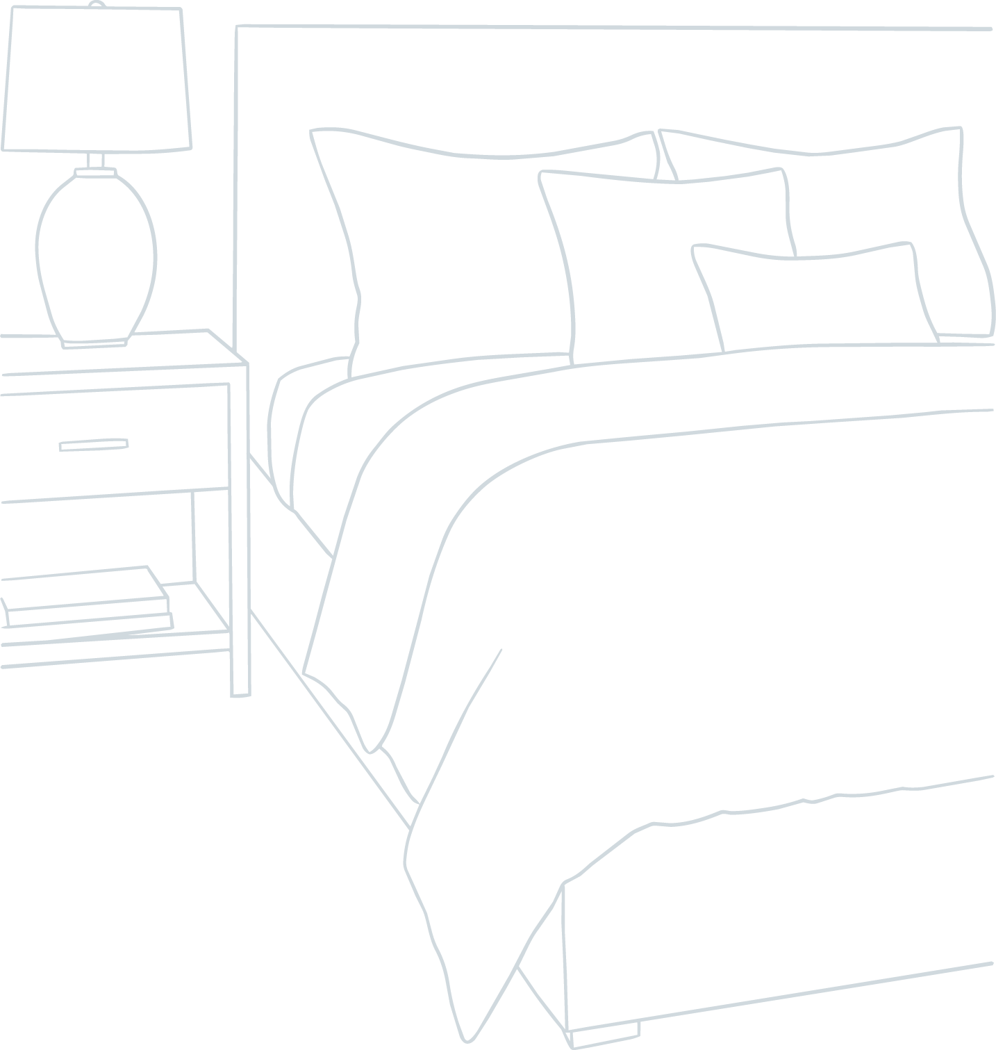 Line drawing of a bedroom with a bed, pillows, bedside table, lamp, and books.