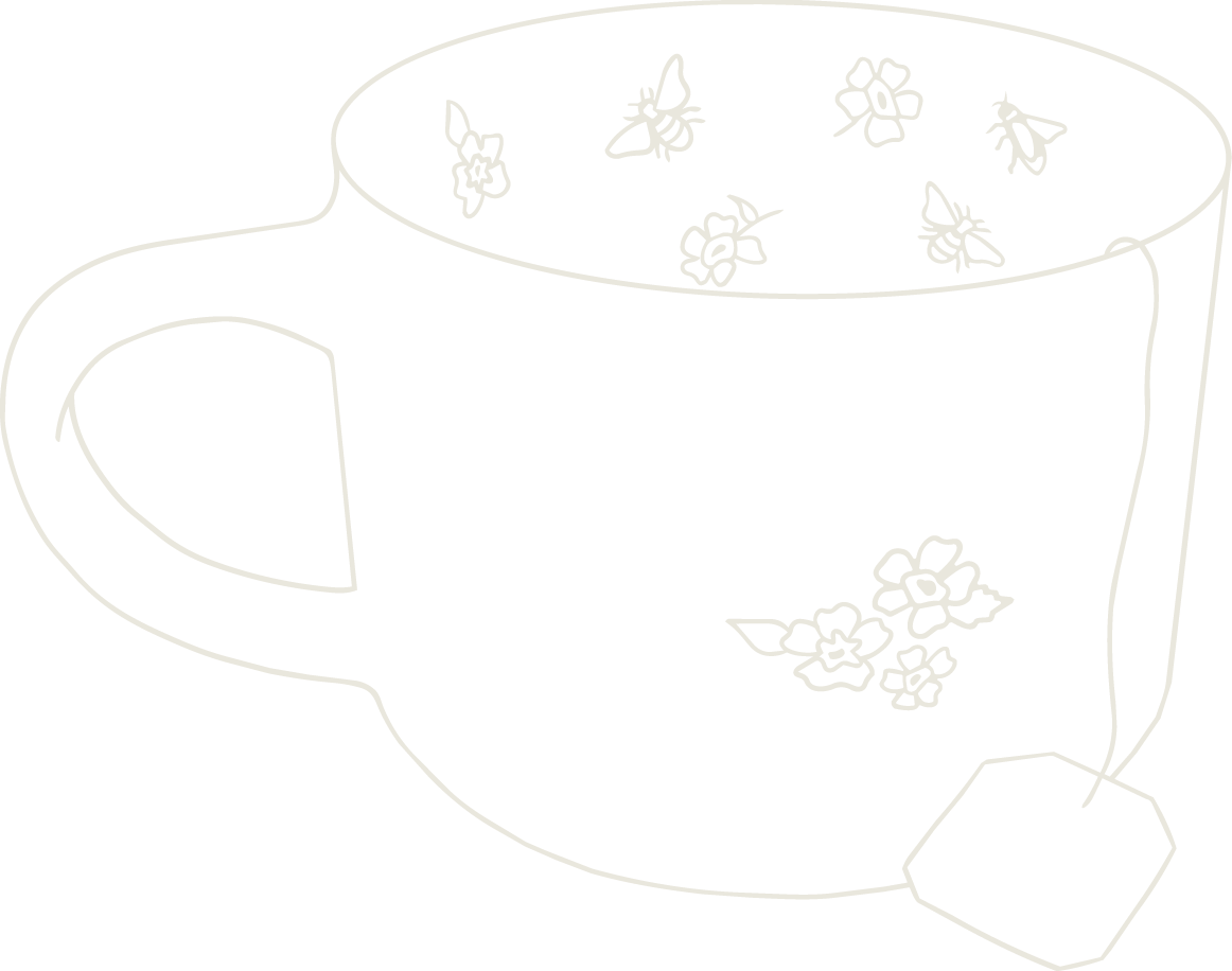 Outline drawing of a teacup with floral and bee patterns, with a tea bag tag attached.